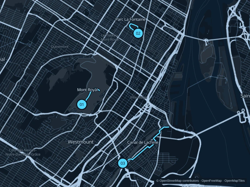 Mapa de Montreal con tres puntos de salida numerados para correr.