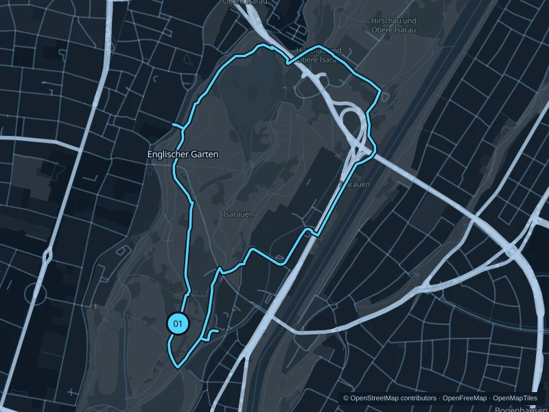 Map of the 5.3 km Englischer Garten run, with start and finish marked 01.