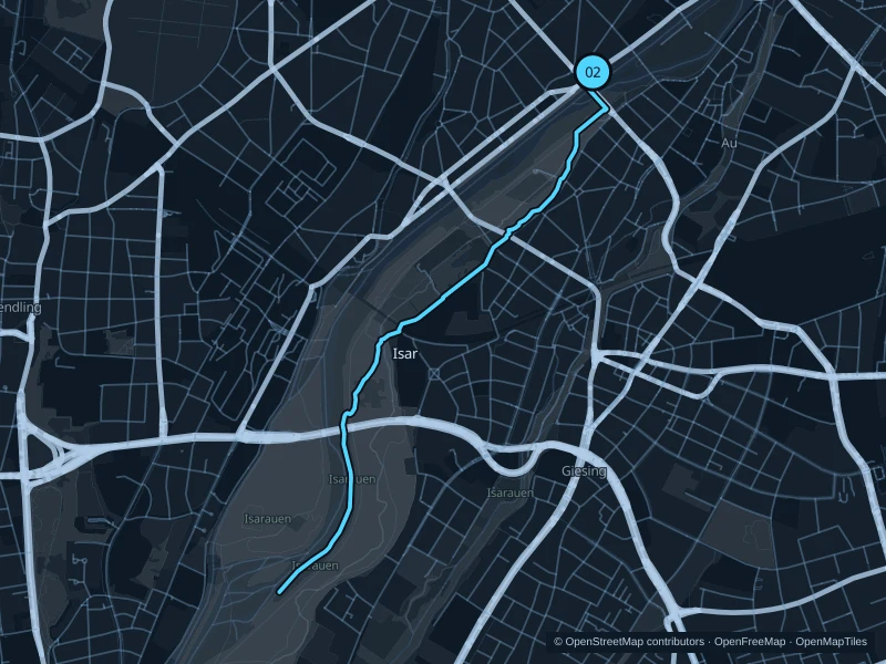 Map of the 6.8 km Isar · Reichenbachbrücke to Flaucher run, with start and finish marked 02.