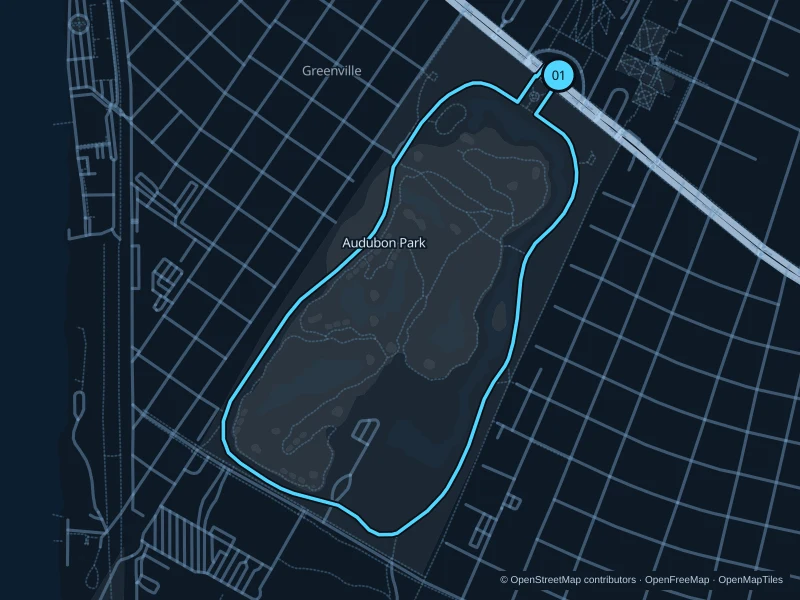 Map of the 3.1 km Audubon Park · jogging path run, with start and finish marked 01.