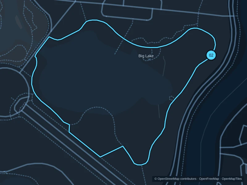 Map of the 1.2 km City Park · Big Lake run, with start and finish marked 02.