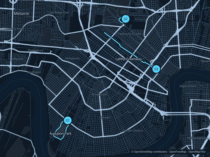 Map of New Orleans with three numbered running-route starts.