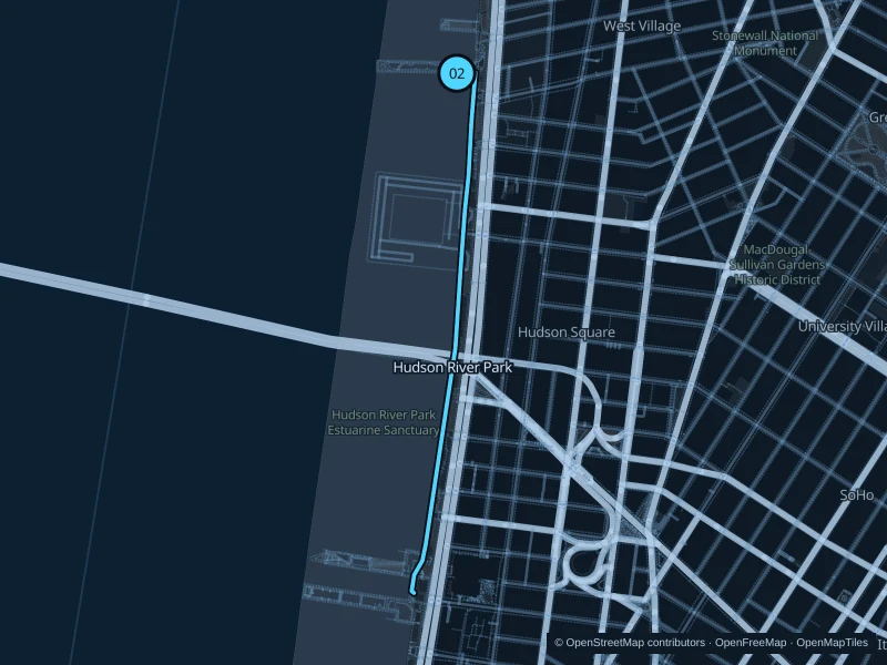 Map of the 2.9 km Hudson River Park Esplanade run, with start and finish marked 02.