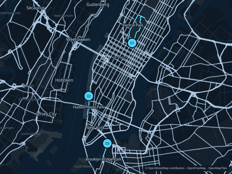 Map of New York with three numbered running-route starts.