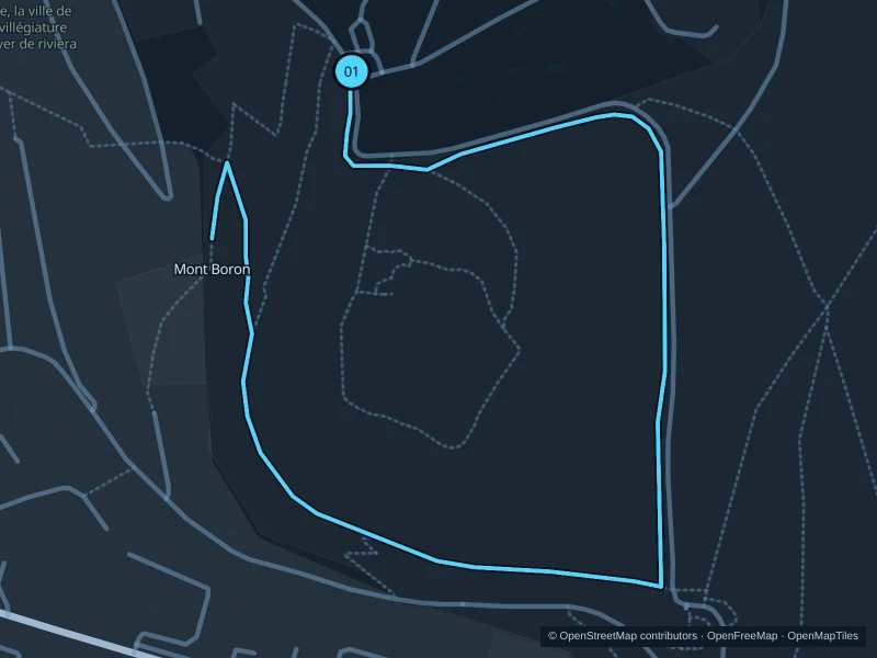 Map of the 5.3 km Mont Boron forest paths run, with start and finish marked 01.