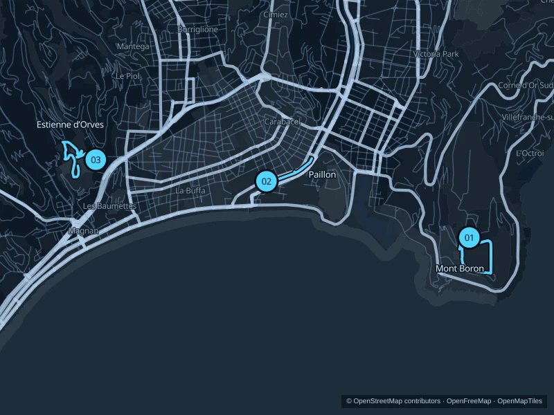 Map of Nice with three numbered running-route starts.