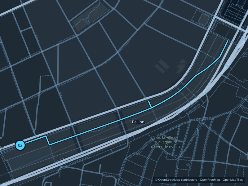 Map of the 1.3 km Promenade du Paillon run, with start and finish marked 02.