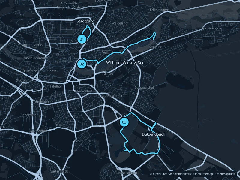 Map of Nuremberg with three numbered running-route starts.