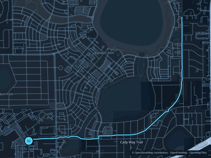 Map of the 7.1 km Cady Way Trail run, with start and finish marked 02.