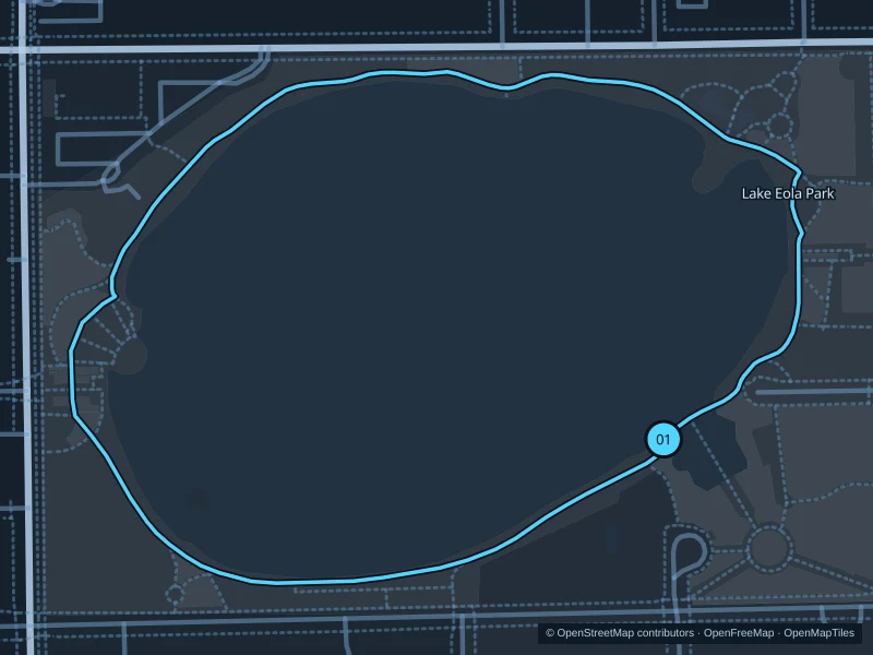 Map of the 1.4 km Lake Eola Park run, with start and finish marked 01.