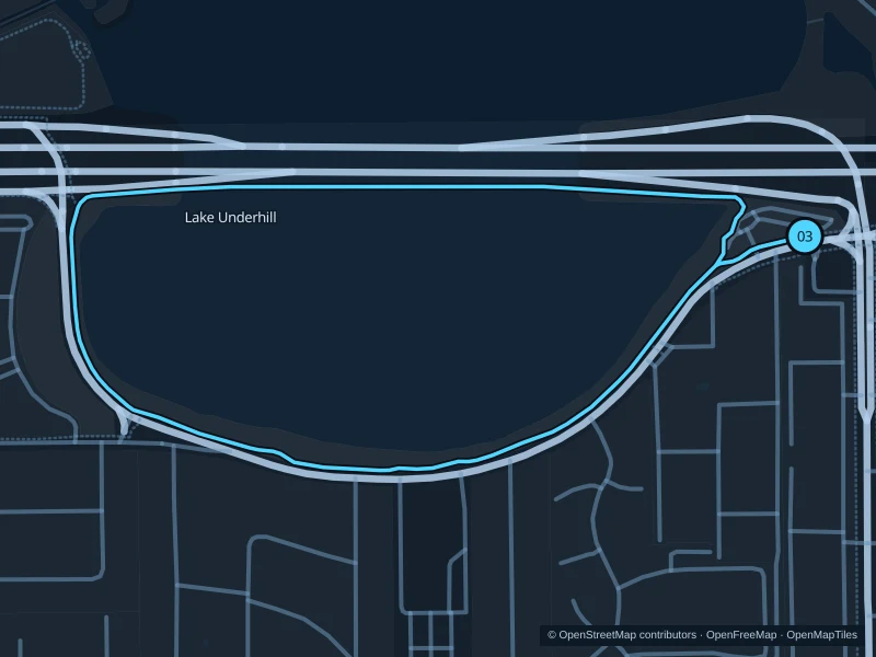 Map of the 2.3 km Lake Underhill run, with start and finish marked 03.