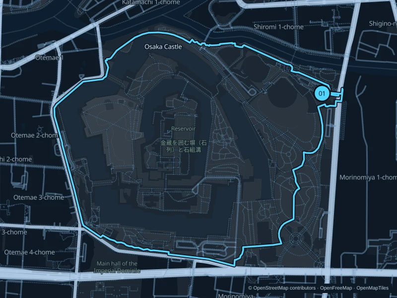 Map of the 4.3 km Osaka Castle Park run, with start and finish marked 01.
