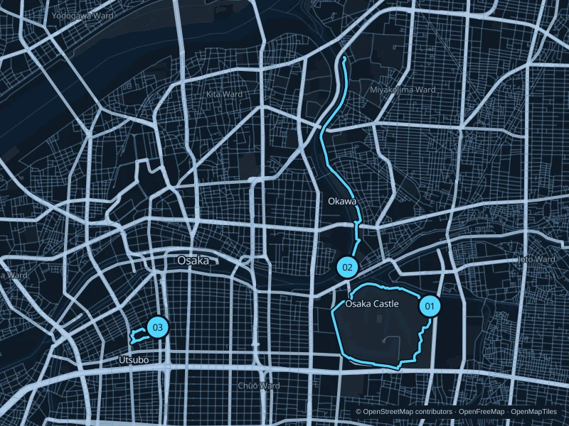 Map of Osaka with three numbered running-route starts.