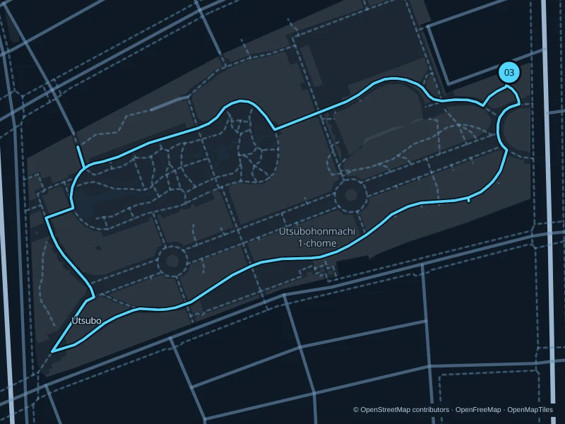 Map of the 1.9 km Utsubo Park run, with start and finish marked 03.