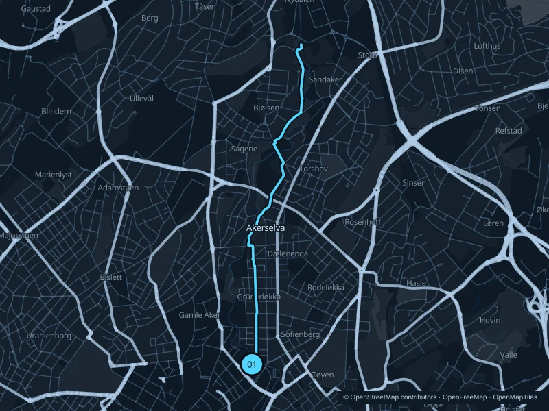 Map of the 7.4 km Akerselva · river paths run, with start and finish marked 01.