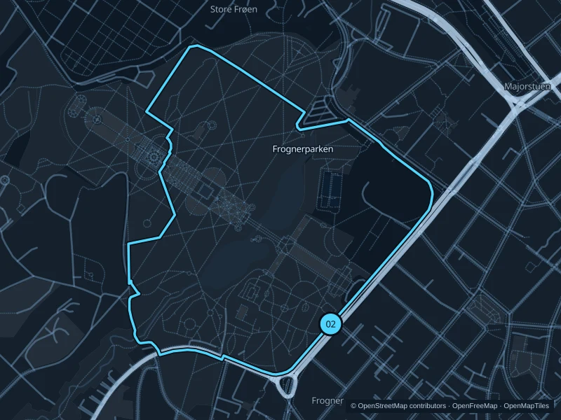 Map of the 2.7 km Frognerparken · park and perimeter loop run, with start and finish marked 02.
