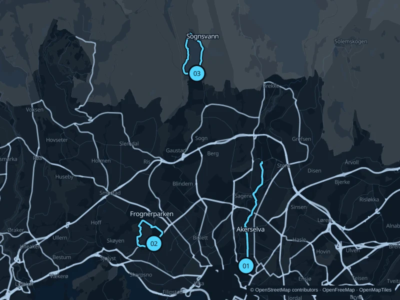 Map of Oslo with three numbered running-route starts.