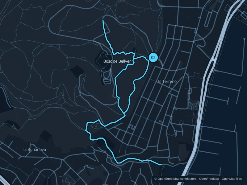 Map of the 4.1 km Bosc de Bellver run, with start and finish marked 02.