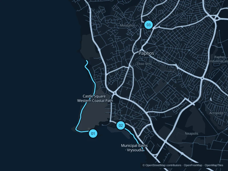Map of Paphos with three numbered running-route starts.