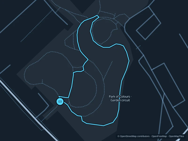 Map of the 0.5 km Park of Colours · Garden circuit run, with start and finish marked 03.