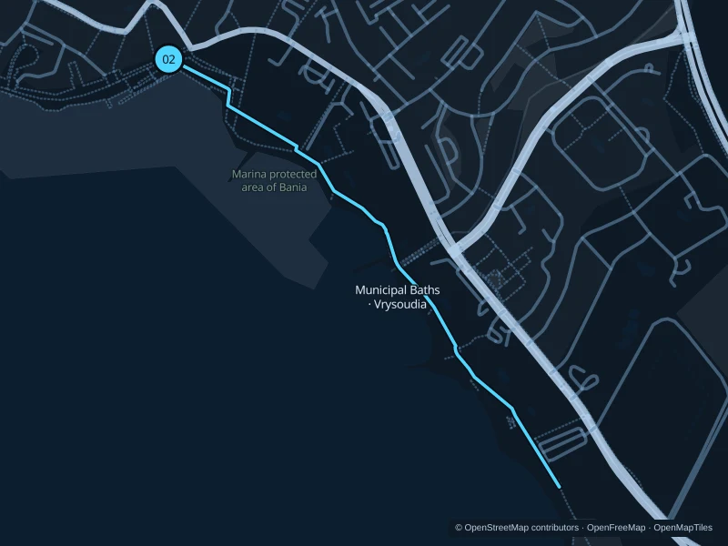 Map of the 2.0 km Municipal Baths · Vrysoudia run, with start and finish marked 02.