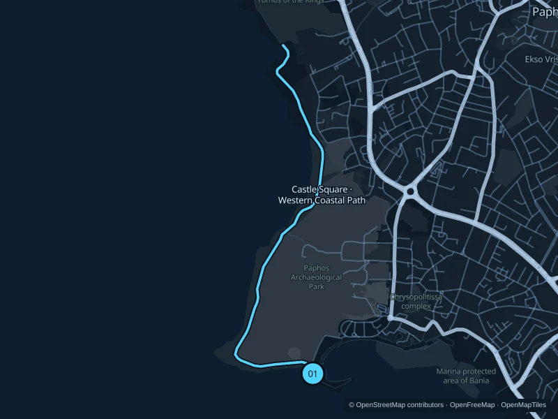 Map of the 5.6 km Castle Square · Western Coastal Path run, with start and finish marked 01.
