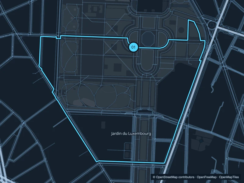 Map of the 2.2 km Jardin du Luxembourg run, with start and finish marked 01.