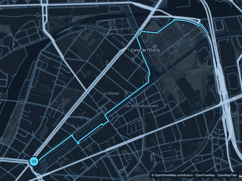 Map of the 6.2 km Bassin de la Villette & Canal de l’Ourcq run, with start and finish marked 03.