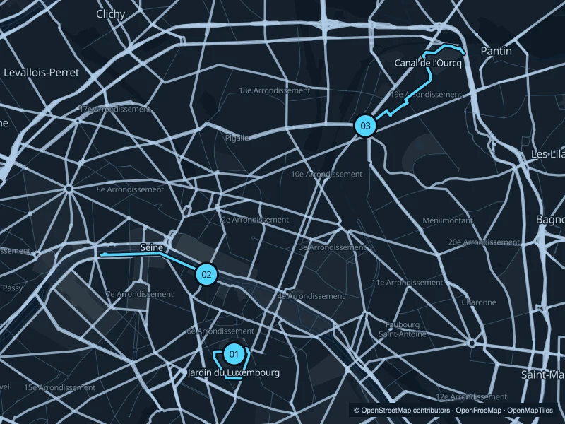 Map of Paris with three numbered running-route starts.