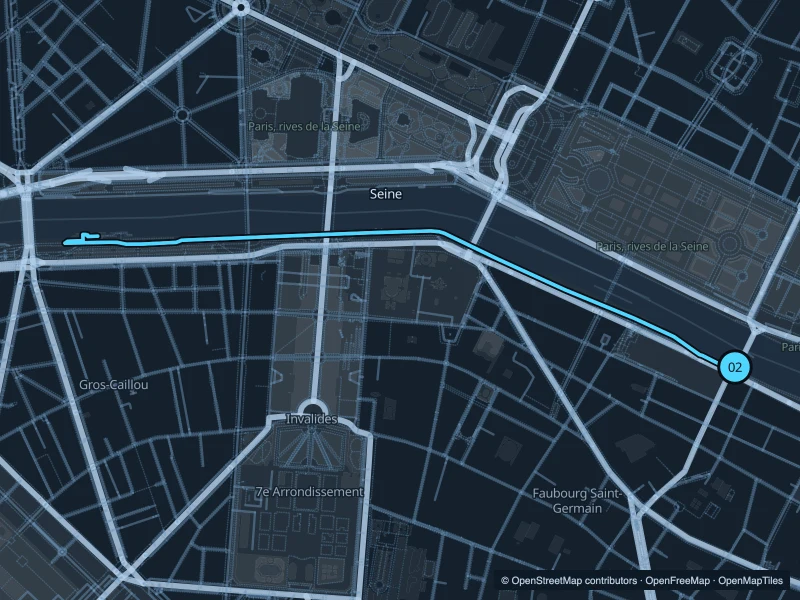 Map of the 4.3 km Seine · Pont Royal to Pont de l’Alma run, with start and finish marked 02.