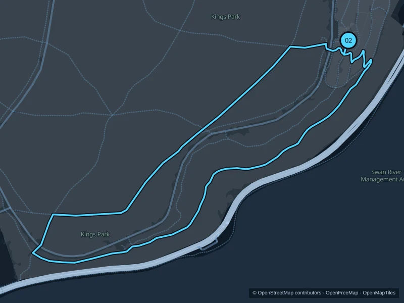 Map of the 2.8 km Kings Park · Law Walk and bushland loop run, with start and finish marked 02.