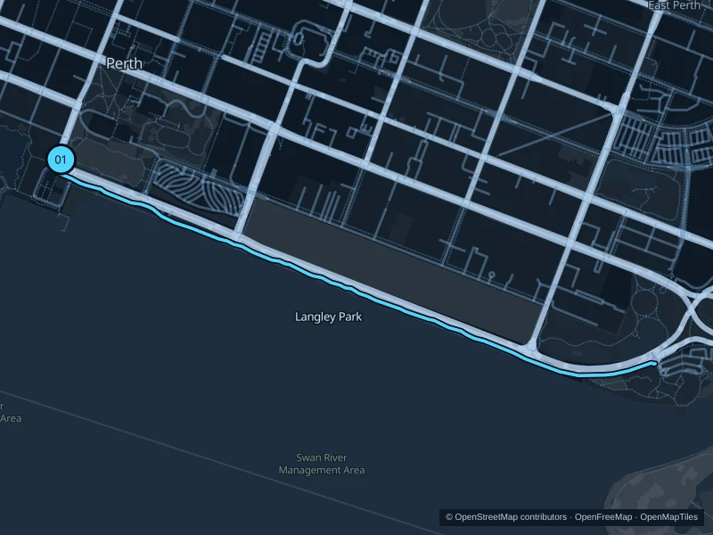 Map of the 3.9 km Barrack Square · Langley Park riverside run, with start and finish marked 01.