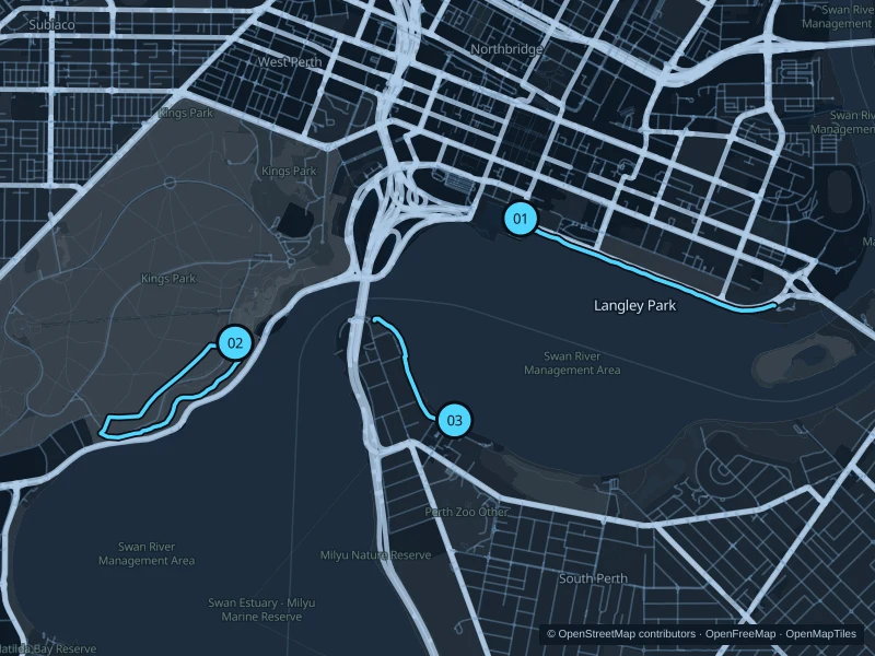 Map of Perth with three numbered running starts around the Swan River and Kings Park.