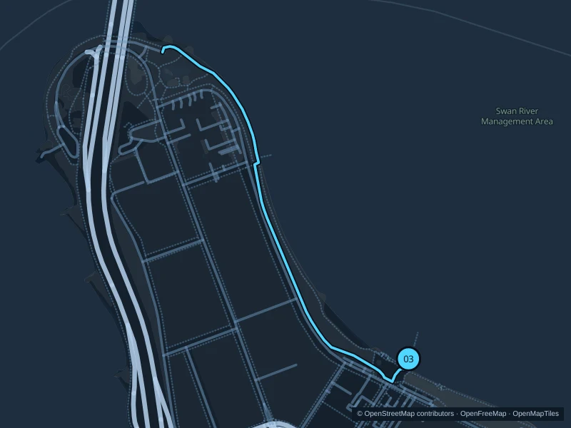 Map of the 2.1 km South Perth · Mindeerup to Mill Point run, with start and finish marked 03.