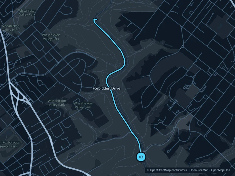 Map of the 4.7 km Forbidden Drive to Thomas Mill run, with start and finish marked 03.