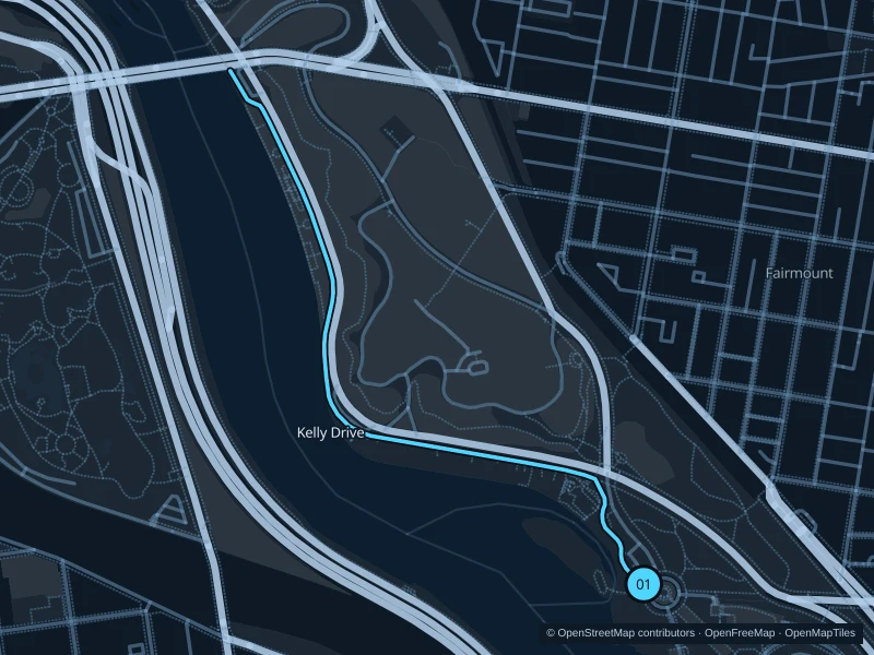 Map of the 2.5 km Boathouse Row and Kelly Drive run, with start and finish marked 01.