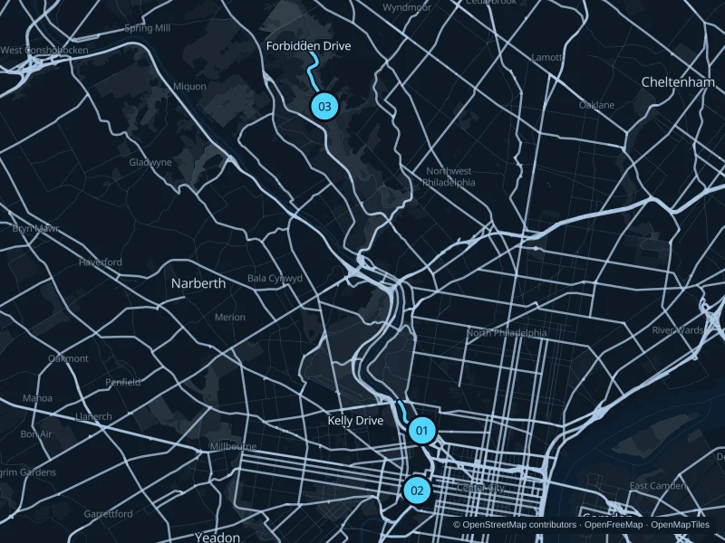 Map of Philadelphia with three numbered running-route starts.