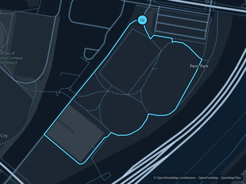 Map of the 1.0 km Penn Park paths run, with start and finish marked 02.