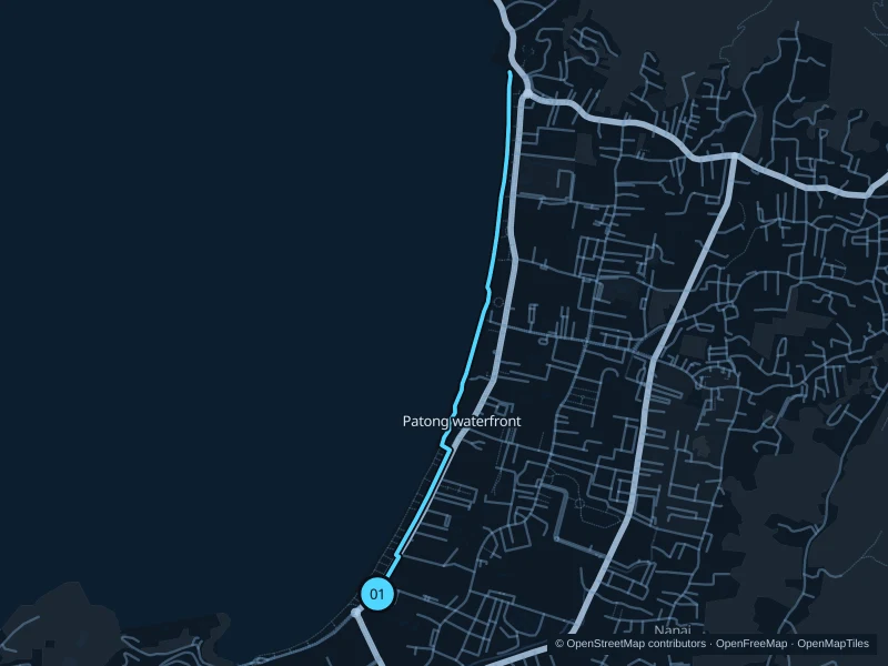 Map of the 4.5 km Patong · beachfront walkways run, with start and finish marked 01.