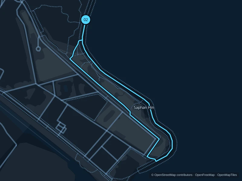 Map of the 1.4 km Saphan Hin · coastal park run, with start and finish marked 02.