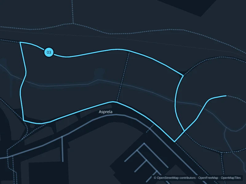 Mapa de la ruta de 2,1 km por el Parque da Asprela, con inicio y final marcados con 03.
