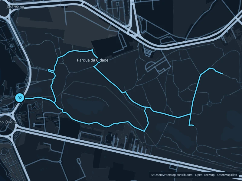 Mapa de la ruta de 3,4 km por el Parque da Cidade, con inicio y final marcados con 02.