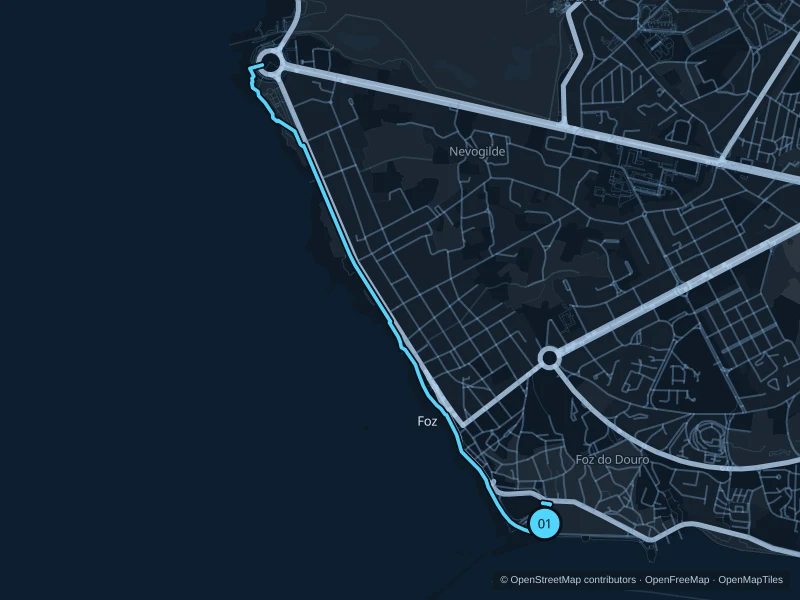 Mapa de la ruta de 6,3 km Foz · paseo atlántico, con inicio y final marcados con 01.