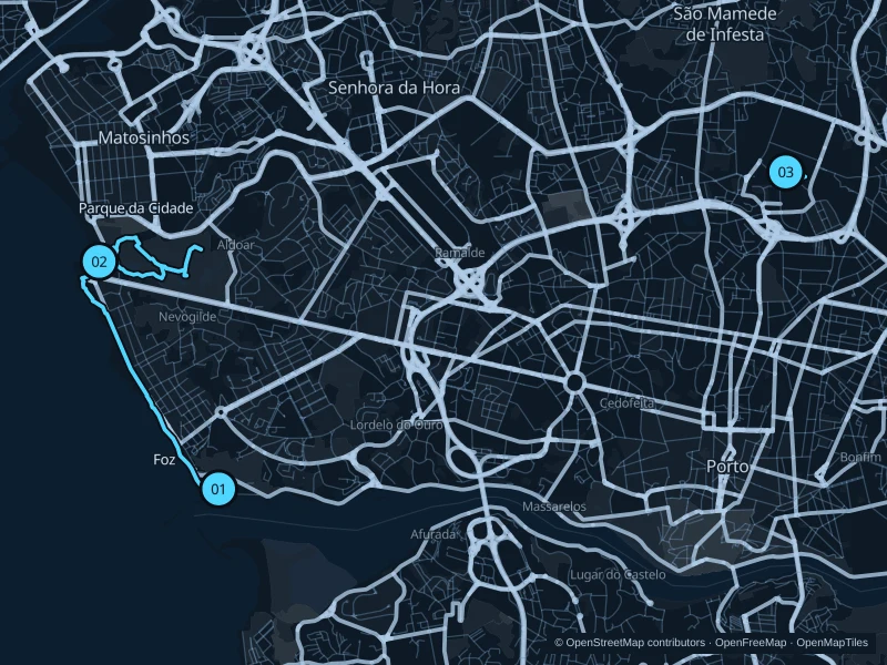 Mapa de Oporto con tres puntos de inicio numerados para correr.