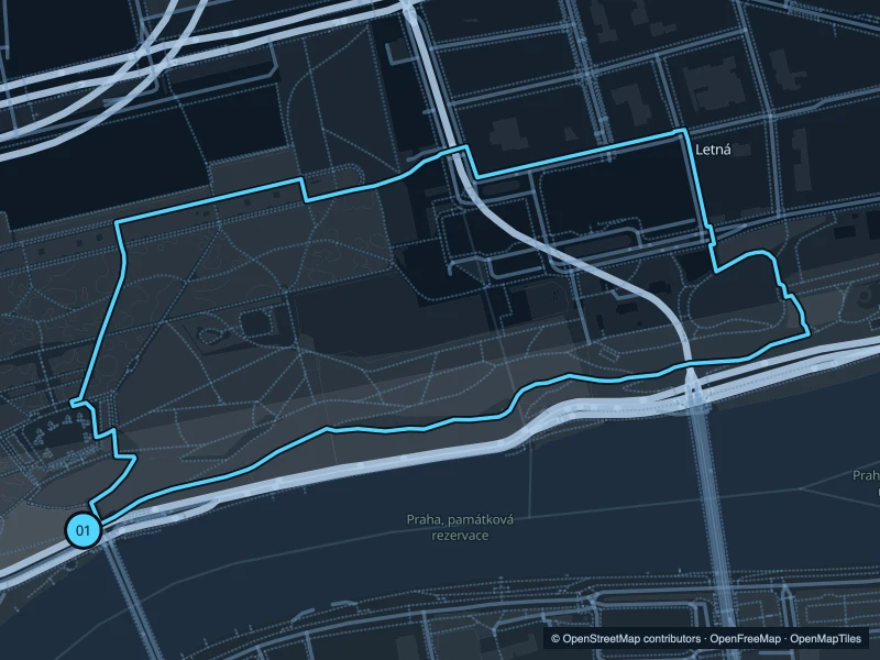 Map of the 2.6 km Letná run, with start and finish marked 01.