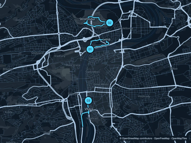 Map of Prague with three numbered running-route starts.