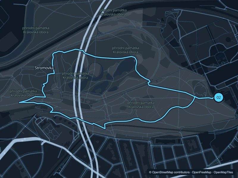 Map of the 3.1 km Stromovka run, with start and finish marked 02.