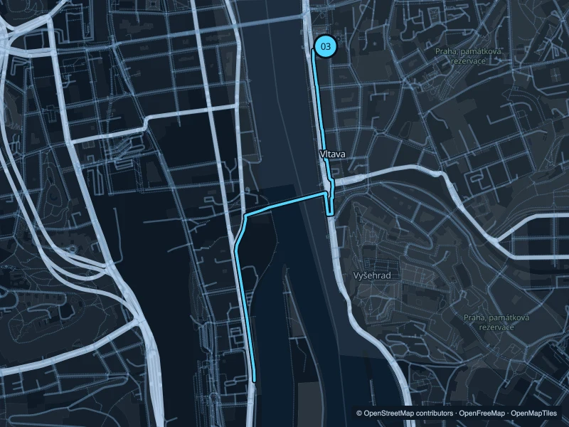 Map of the 3.4 km Vltava · Náplavka run, with start and finish marked 03.