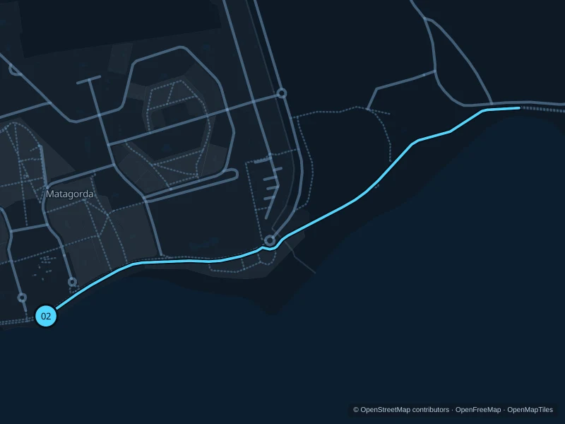 Karte der 2,1 km langen Laufstrecke Matagorda · Punta Lima mit Start und Ziel bei 02.