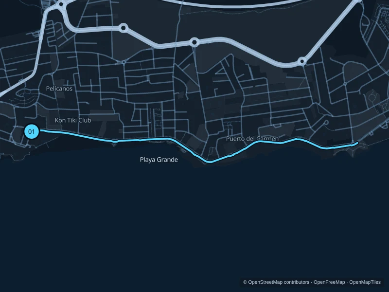 Karte der 4,5 km langen Laufstrecke Playa Grande · Avenida de las Playas mit Start und Ziel bei 01.